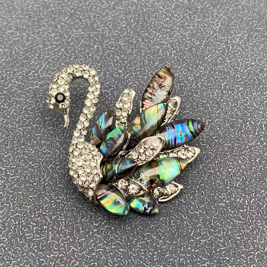 Abalone Shell & Rhinestone Swan Silver Tone Brooch