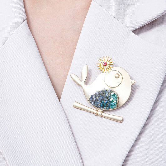 Gold Rhinestone Bird Brooch