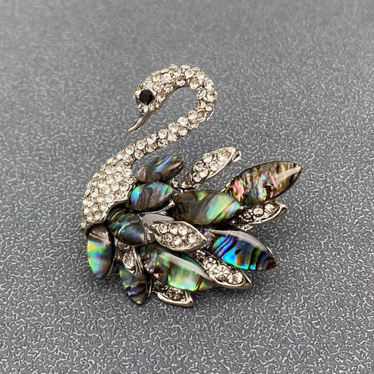 Abalone Shell & Rhinestone Swan Silver Tone Brooch